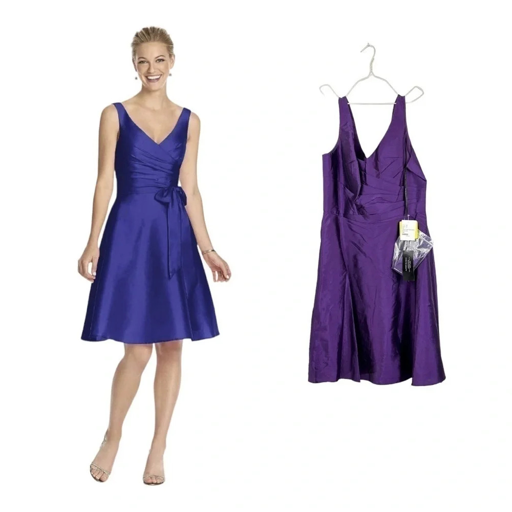 ALFRED SUNG Satin V-Neck Midi Dress in Royal Blue and Purple